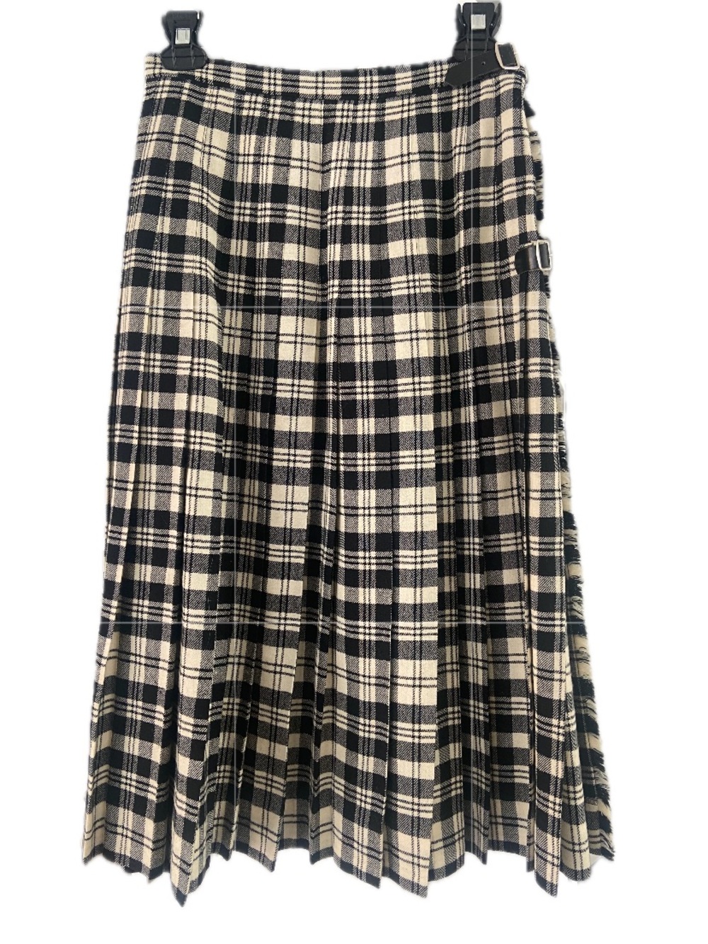 Vintage 100% Wool Tartan Kilt Skirt XS Black Cream Fringe Blanket Wrap Scotland